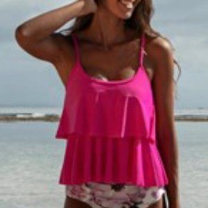 Fuchsia tankini with floral bottoms.